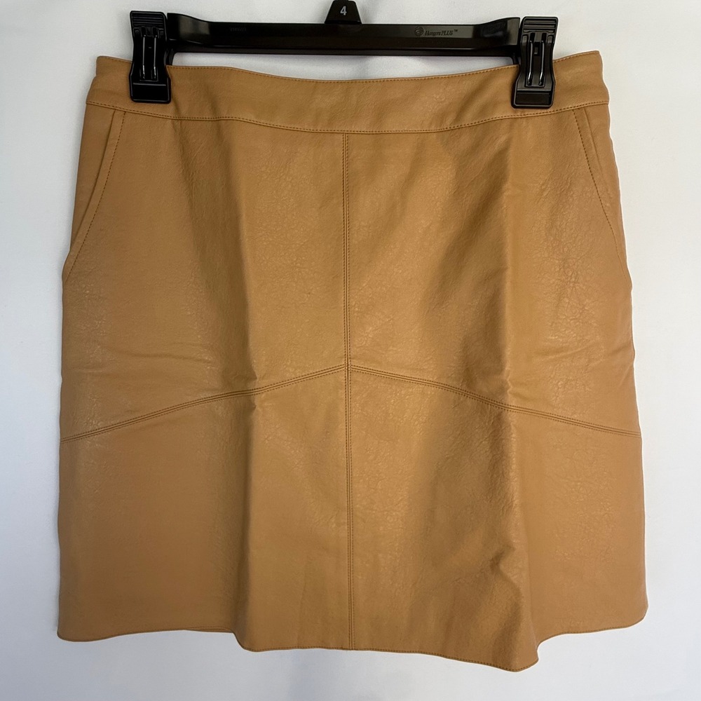 THML Camel Tan Faux Leather Mini Skirt Pockets Back Zip Size Medium